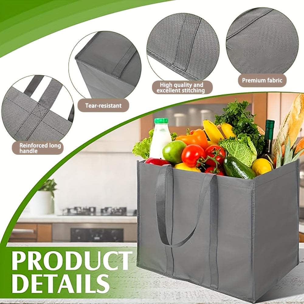 close view of foldable large non woven fabric shopping bag, filled with groceries and close up of details