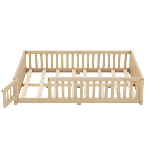 Full Size Kids Floor Bed with Safety Guardrails & Door, Low - Profile Design, Natural Wood Color - goosavvy.com