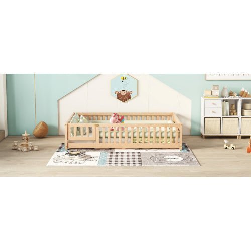 Full Size Kids Floor Bed with Safety Guardrails & Door, Low - Profile Design, Natural Wood Color - goosavvy.com