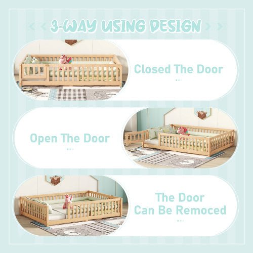 Full Size Kids Floor Bed with Safety Guardrails & Door, Low - Profile Design, Natural Wood Color - goosavvy.com