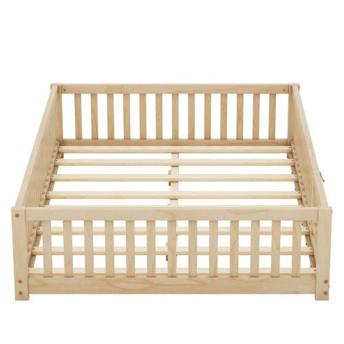 Full Size Kids Floor Bed with Safety Guardrails & Door, Low - Profile Design, Natural Wood Color - goosavvy.com