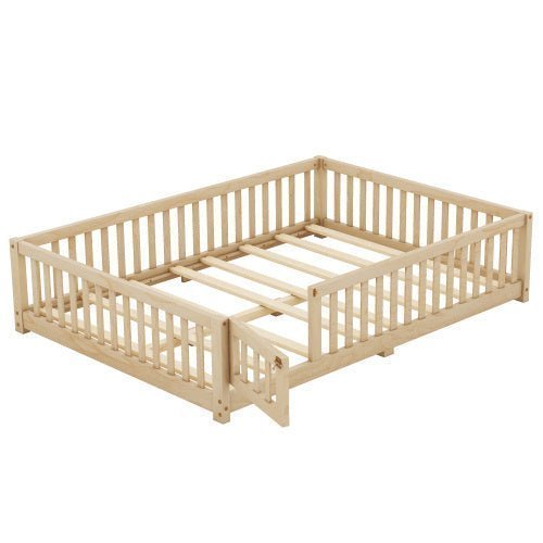 Full Size Kids Floor Bed with Safety Guardrails & Door, Low - Profile Design, Natural Wood Color - goosavvy.com