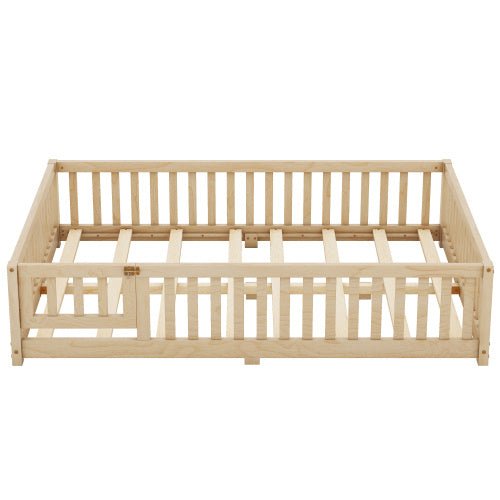 Full Size Kids Floor Bed with Safety Guardrails & Door, Low - Profile Design, Natural Wood Color - goosavvy.com