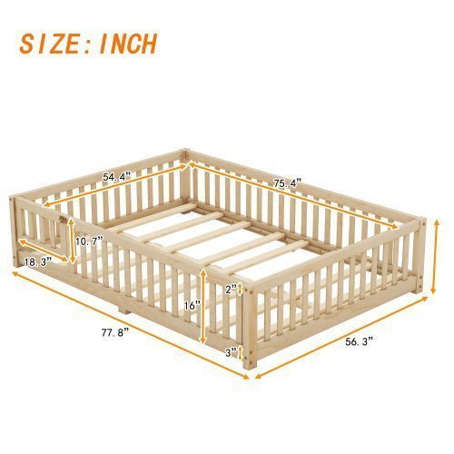 Full Size Kids Floor Bed with Safety Guardrails & Door, Low - Profile Design, Natural Wood Color - goosavvy.com