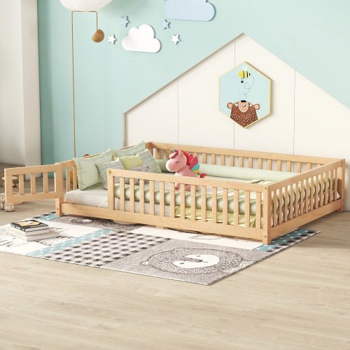 Full Size Kids Floor Bed with Safety Guardrails & Door, Low - Profile Design, Natural Wood Color - goosavvy.com