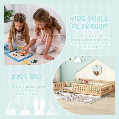 Full Size Kids Floor Bed with Safety Guardrails & Door, Low - Profile Design, Natural Wood Color - goosavvy.com