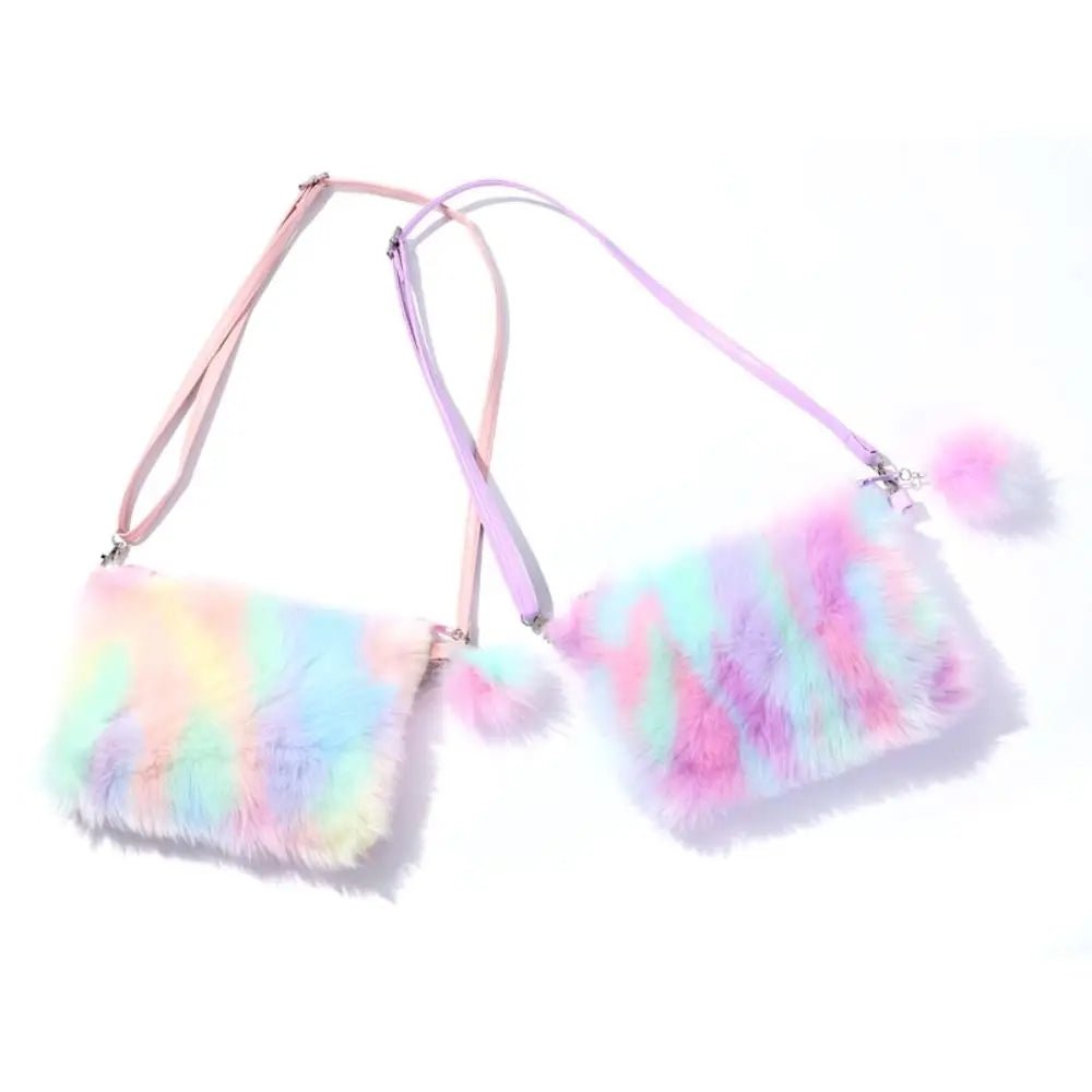 Girls Plush Tie Dye Rainbow Crossbody Purse, Fluffy Fuzzy Bag - goosavvy.com