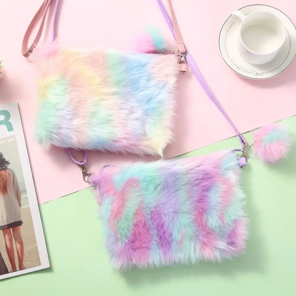 Girls Plush Tie Dye Rainbow Crossbody Purse, Fluffy Fuzzy Bag - goosavvy.com