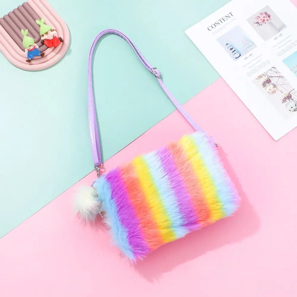 Girls Plush Tie Dye Rainbow Crossbody Purse, Fluffy Fuzzy Bag - goosavvy.com