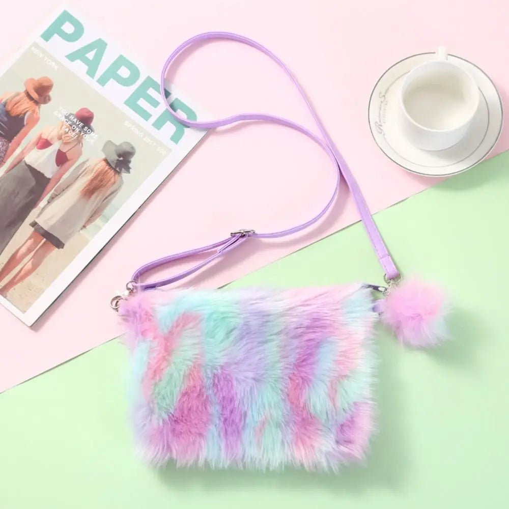 Girls Plush Tie Dye Rainbow Crossbody Purse, Fluffy Fuzzy Bag - goosavvy.com