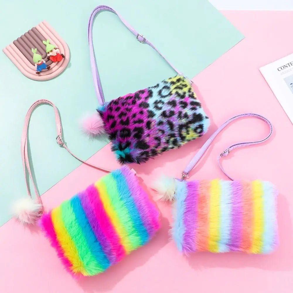 Girls Plush Tie Dye Rainbow Crossbody Purse, Fluffy Fuzzy Bag - goosavvy.com