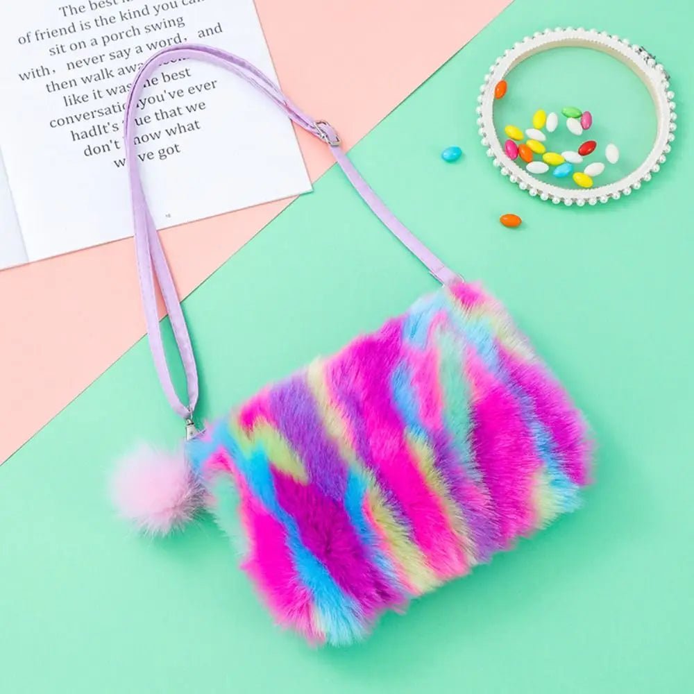 Girls Plush Tie Dye Rainbow Crossbody Purse, Fluffy Fuzzy Bag - goosavvy.com