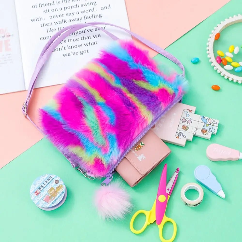 Girls Plush Tie Dye Rainbow Crossbody Purse, Fluffy Fuzzy Bag - goosavvy.com