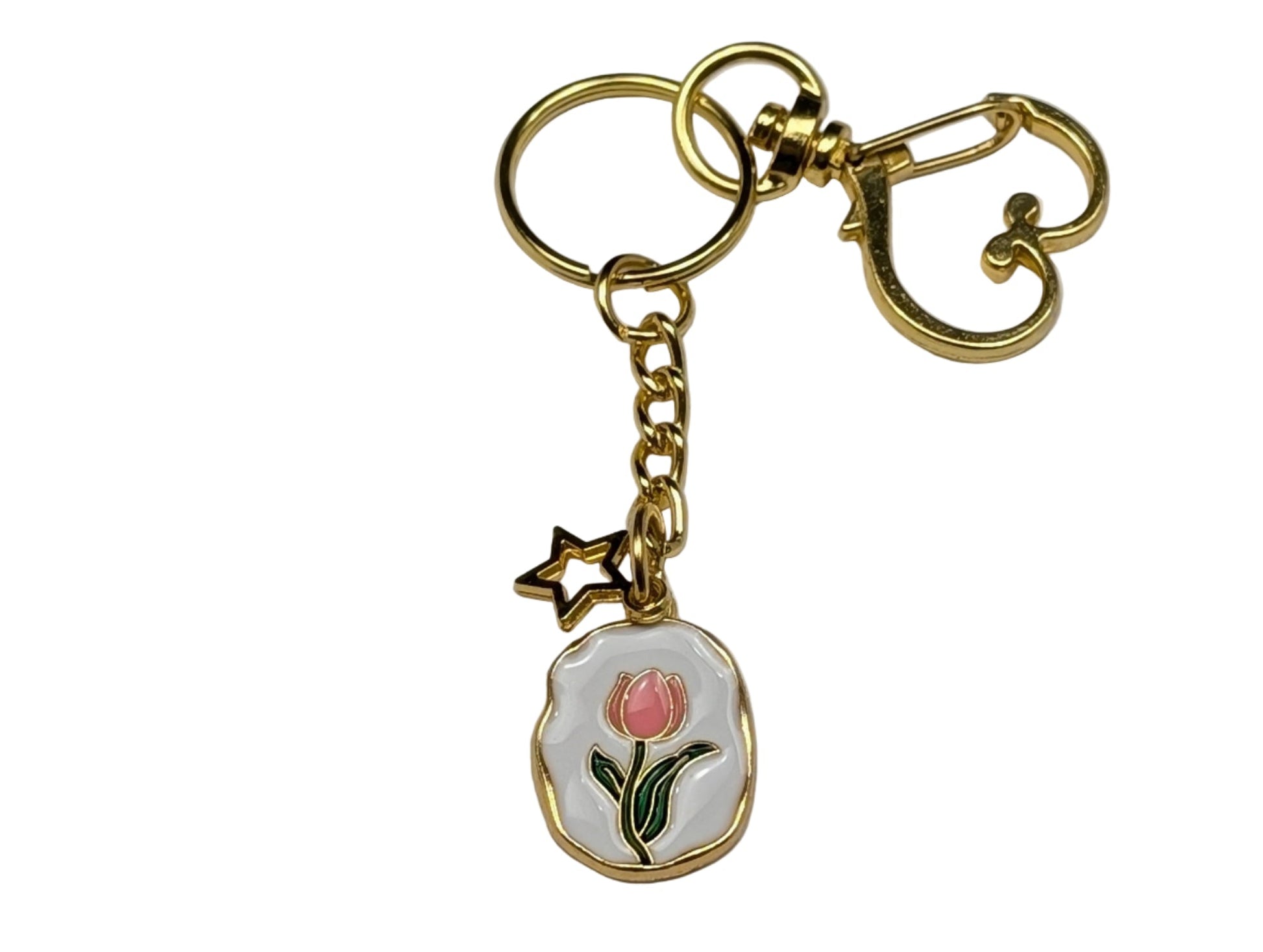 Golden Heart Clasp Keychain with Floral Enamel Charm – Decorative Bag & Purse Accessory - goosavvy.com