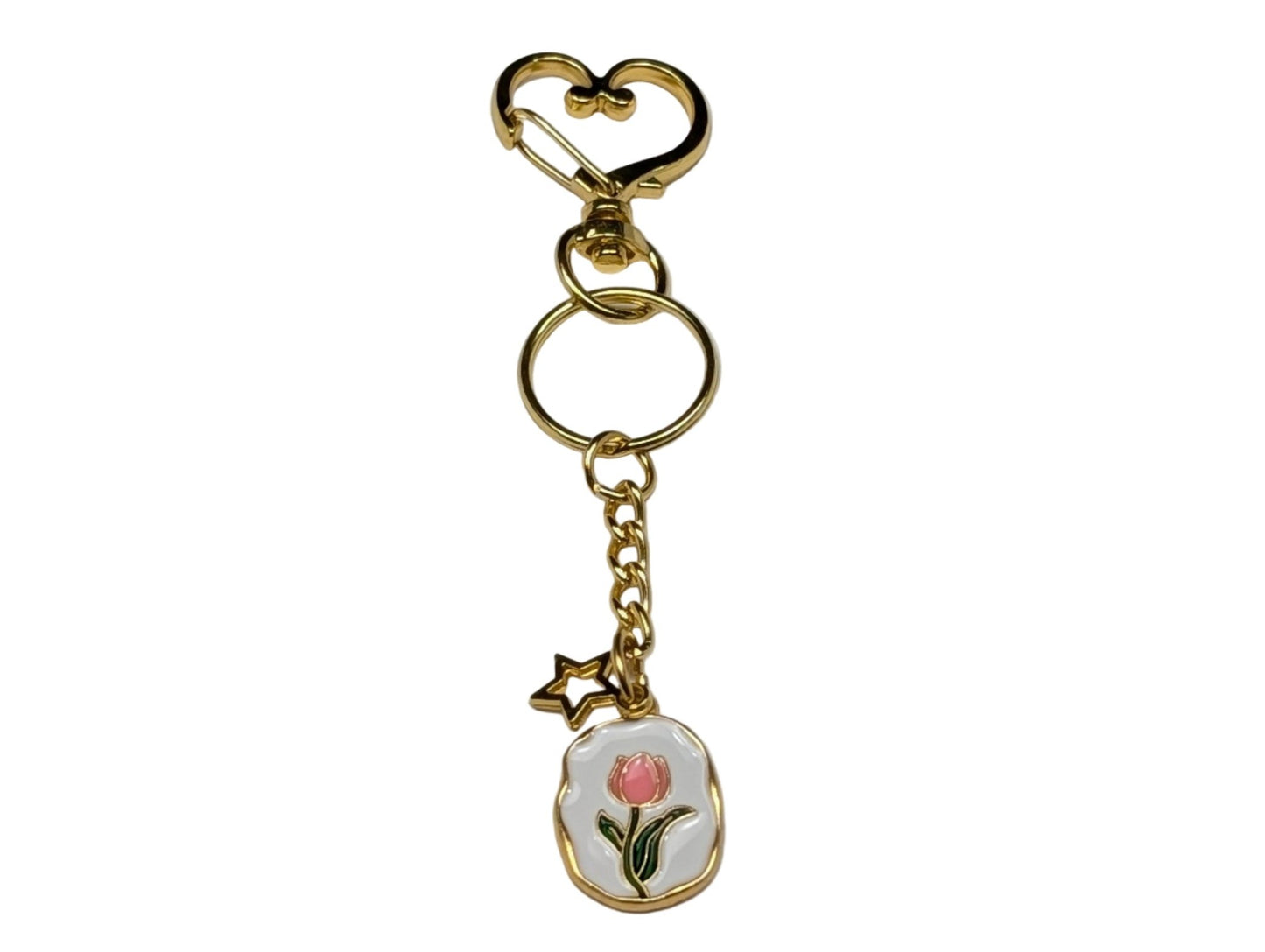 Golden Heart Clasp Keychain with Floral Enamel Charm – Decorative Bag & Purse Accessory - goosavvy.com