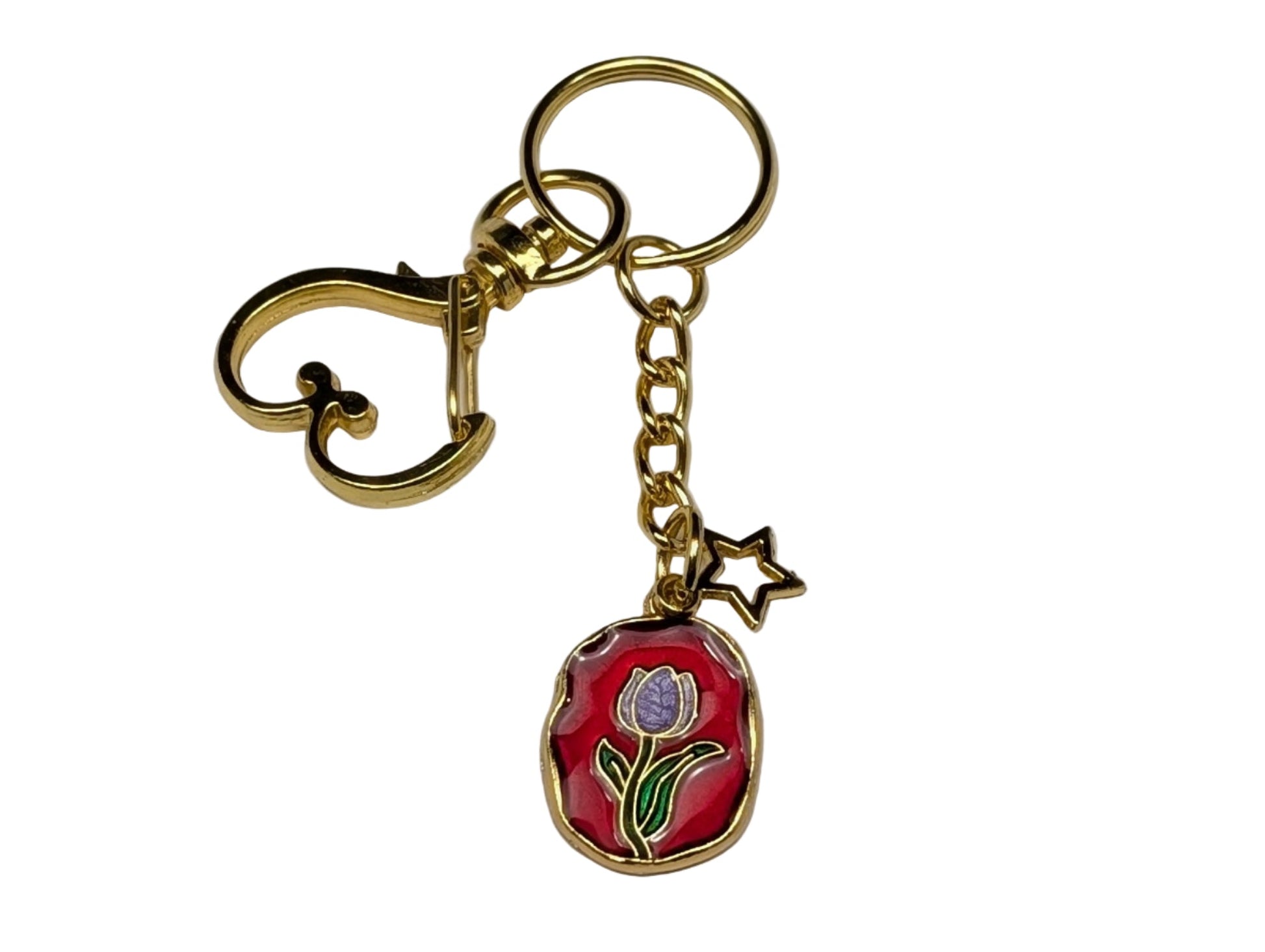 Golden Heart Clasp Keychain with Floral Enamel Charm – Decorative Bag & Purse Accessory - goosavvy.com