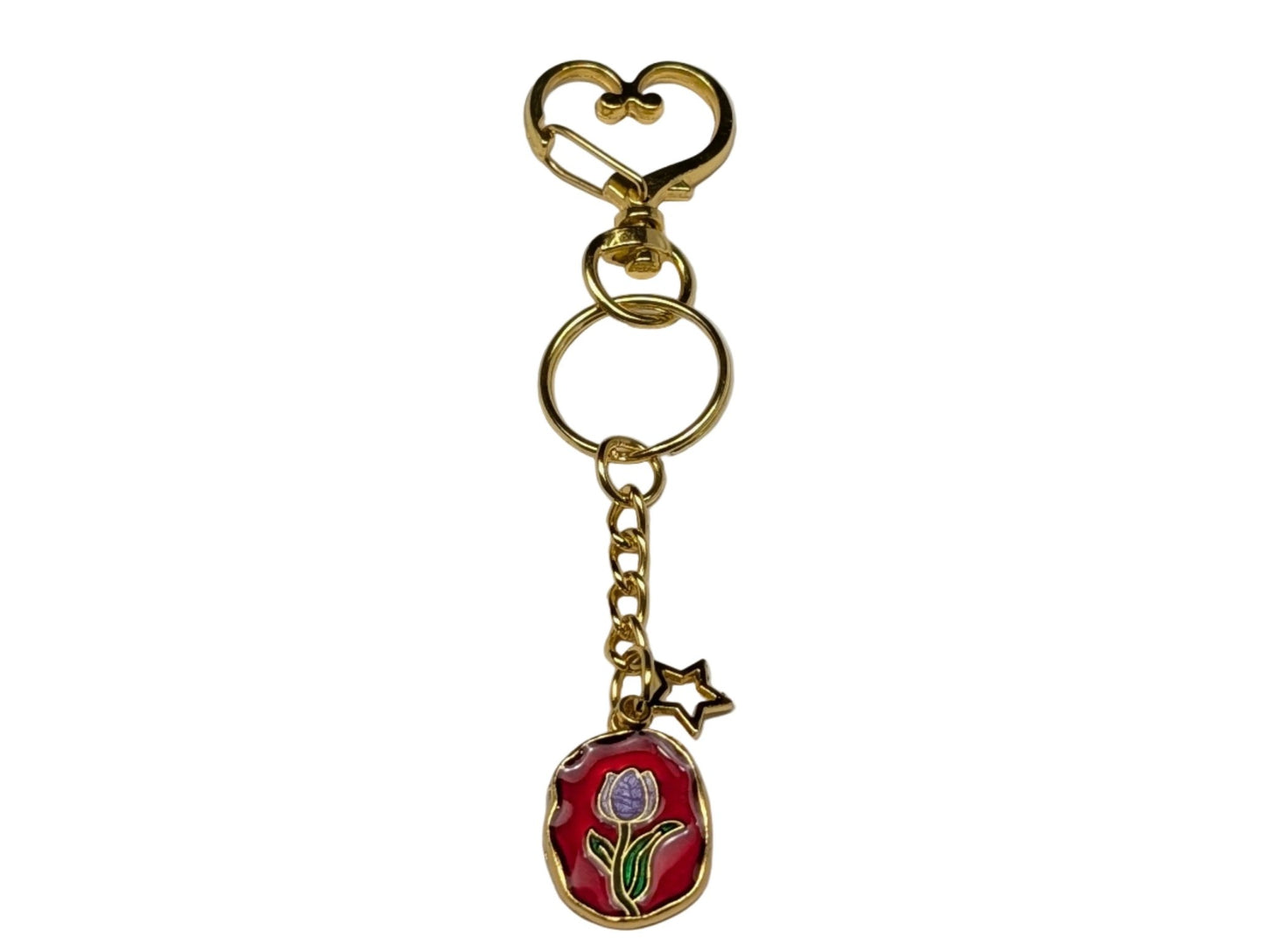 Golden Heart Clasp Keychain with Floral Enamel Charm – Decorative Bag & Purse Accessory - goosavvy.com