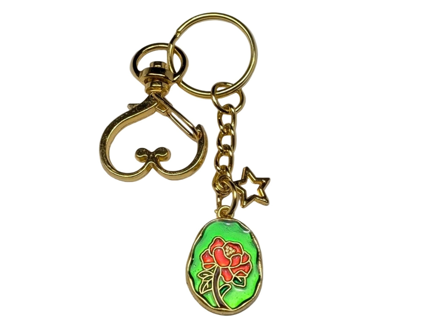 Golden Heart Clasp Keychain with Floral Enamel Charm – Decorative Bag & Purse Accessory - goosavvy.com