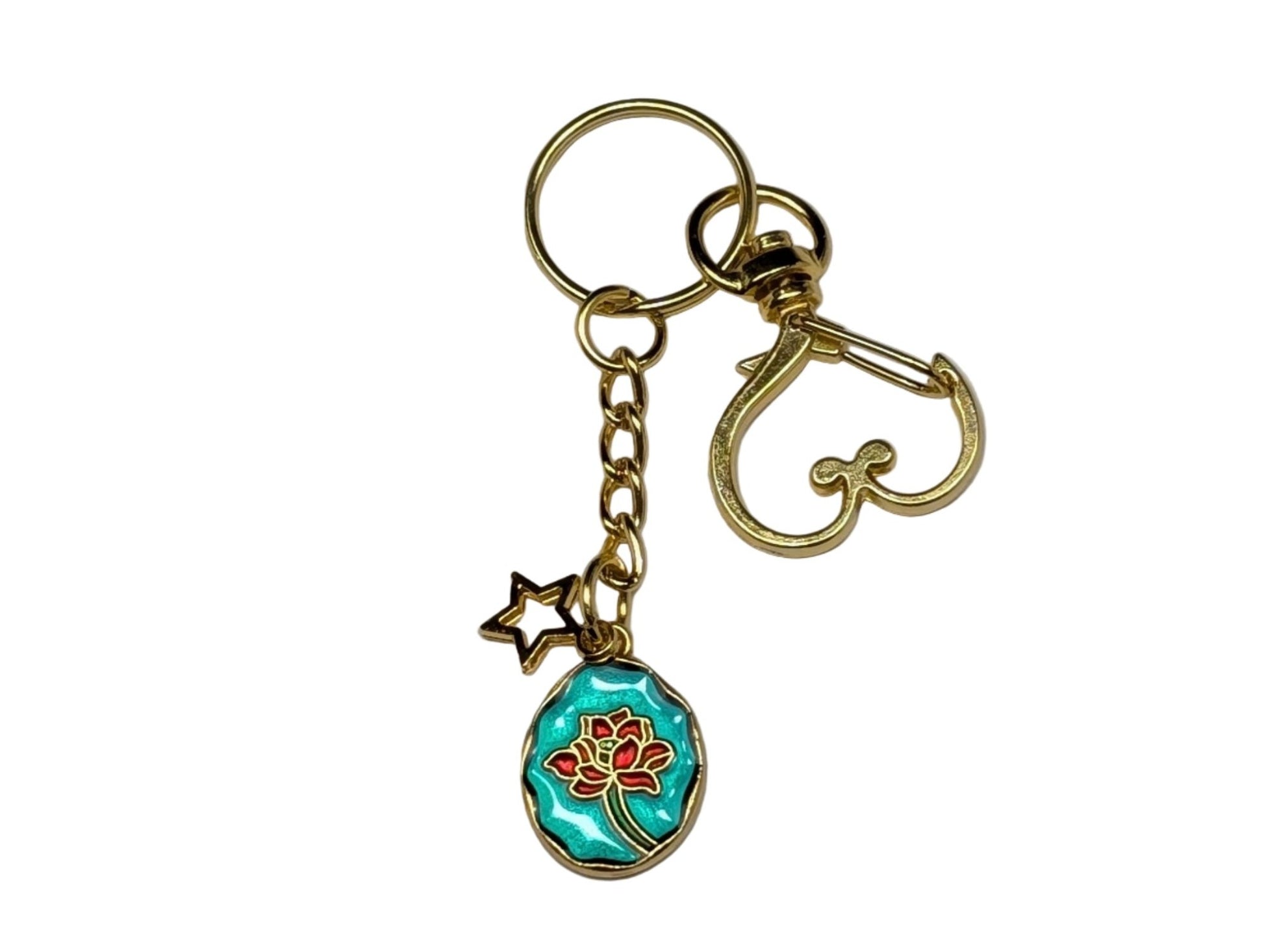 Golden Heart Clasp Keychain with Floral Enamel Charm – Decorative Bag & Purse Accessory - goosavvy.com