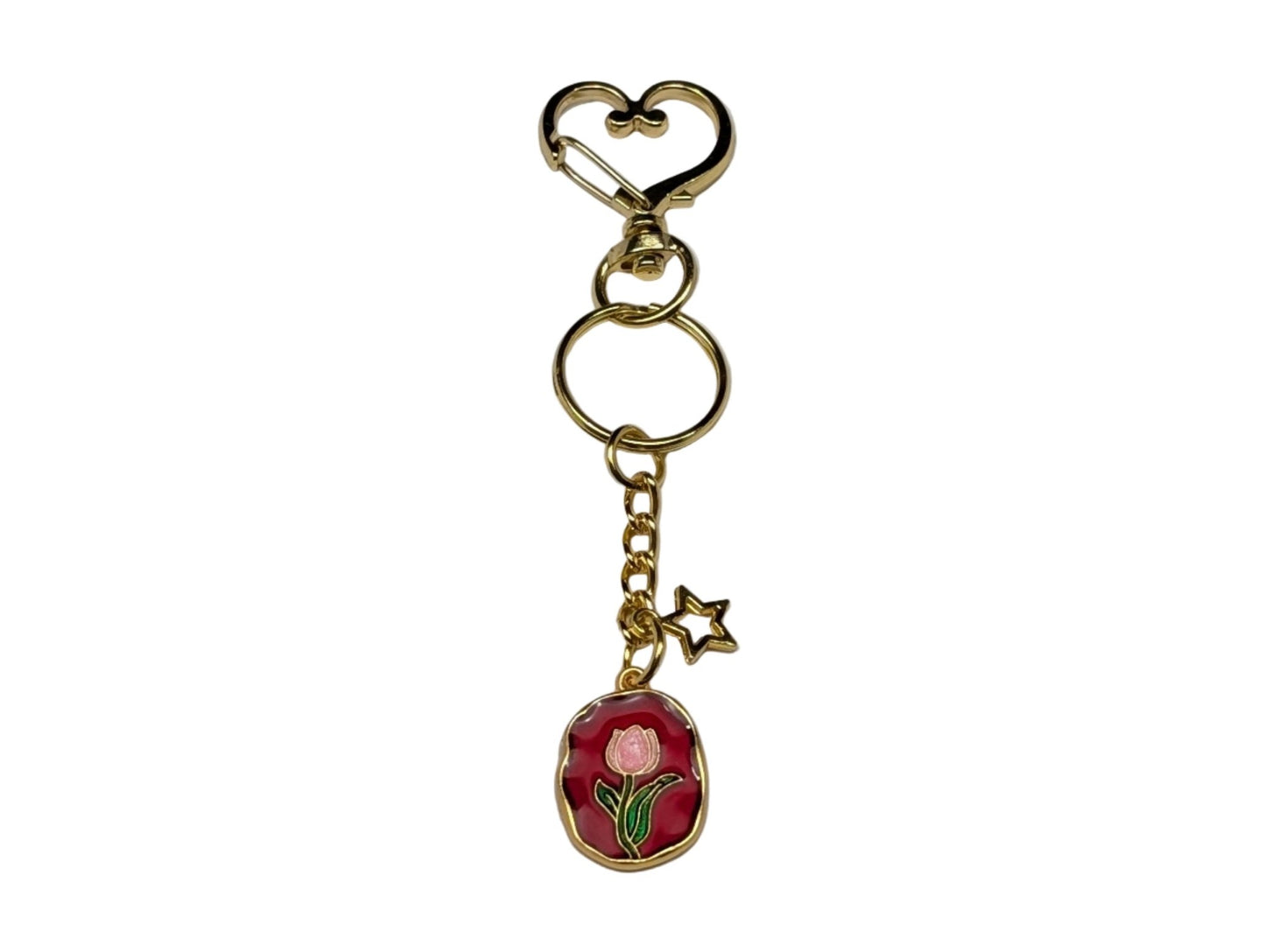 Golden Heart Clasp Keychain with Floral Enamel Charm – Decorative Bag & Purse Accessory - goosavvy.com