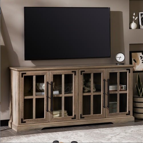 Grey Wash Modern Farmhouse TV Stand with Glass Doors for TVs up to 65" - goosavvy.com