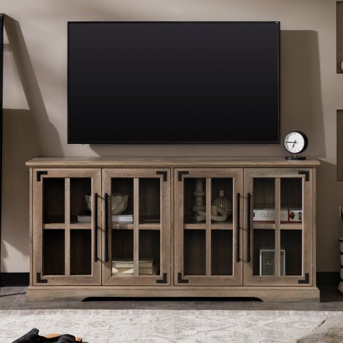 Grey Wash Modern Farmhouse TV Stand with Glass Doors for TVs up to 65" - goosavvy.com