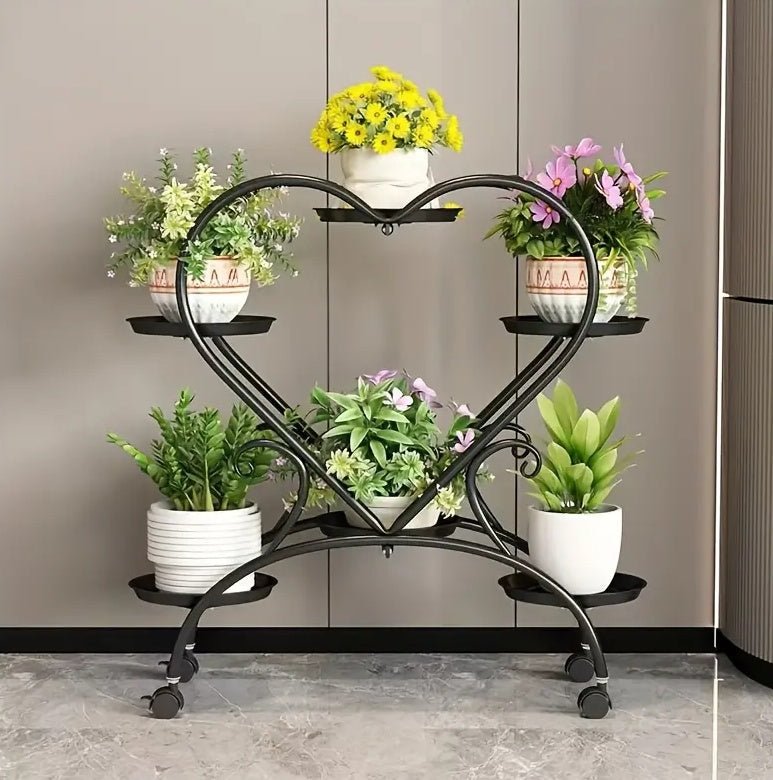 Heart - Shaped Rolling Plant Stand with 6 Tiers – Metal Flower Pot Display Rack with Wheels for Indoor Decor - goosavvy.com