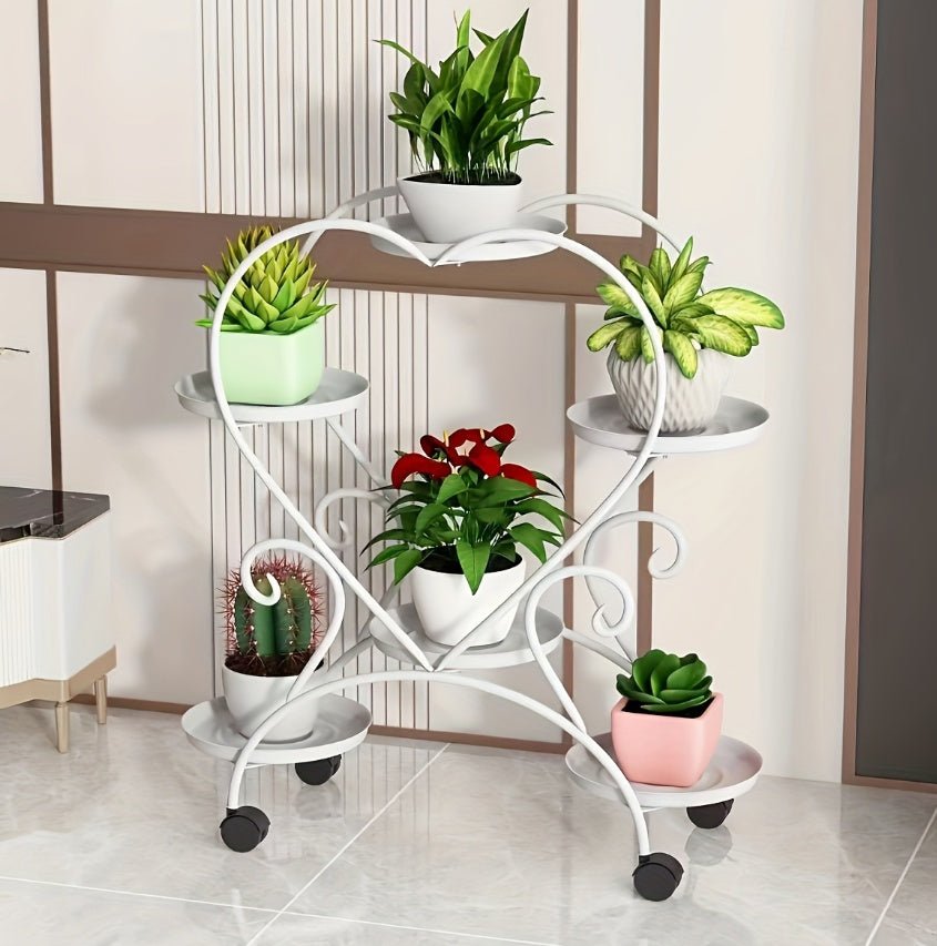Heart - Shaped Rolling Plant Stand with 6 Tiers – Metal Flower Pot Display Rack with Wheels for Indoor Decor - goosavvy.com