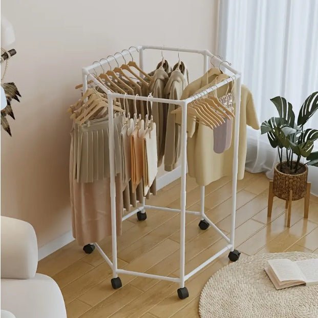 Hexagonal Rolling Garment Rack – Sturdy Metal Floor Standing Clothes Hanger with Wheels for Dorms & Small Spaces - goosavvy.com