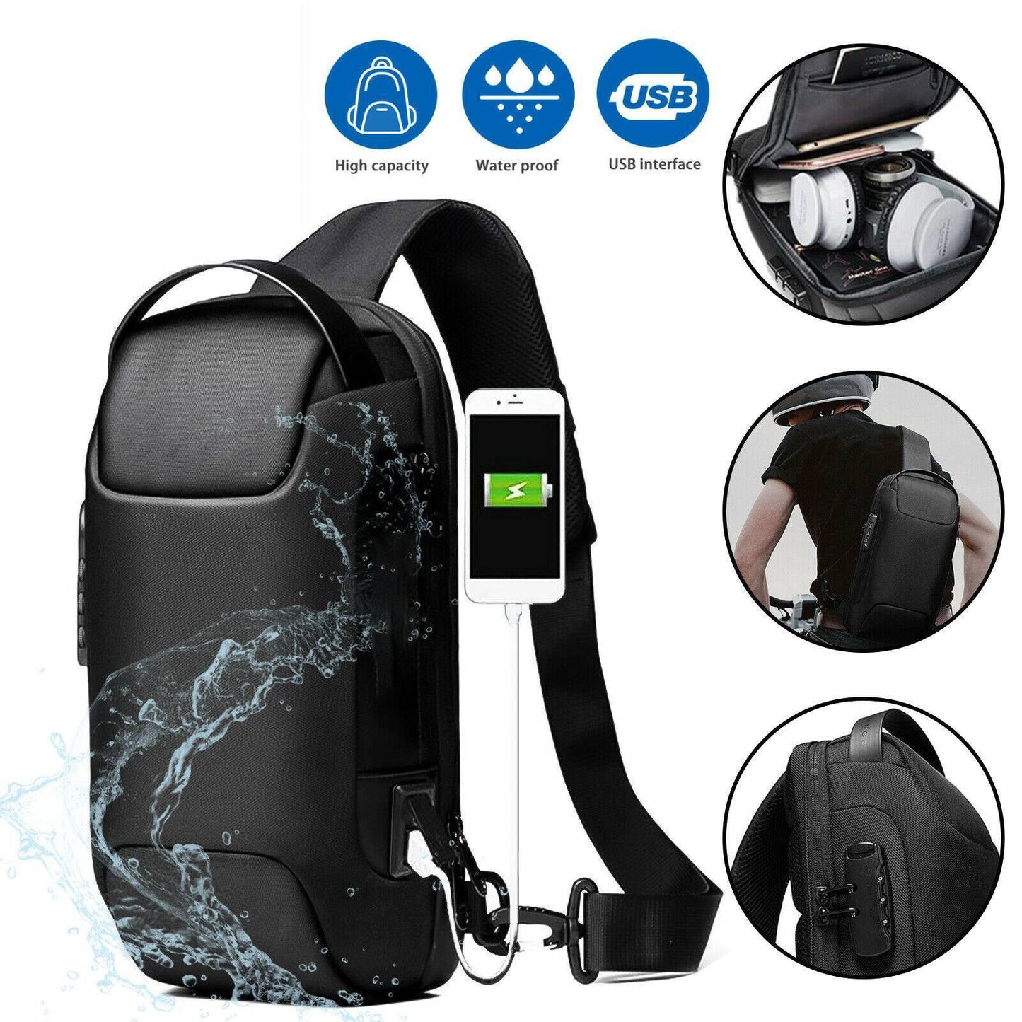 Men's Waterproof Anti - Theft Sling Crossbody Bag with USB Charging Port - goosavvy.com