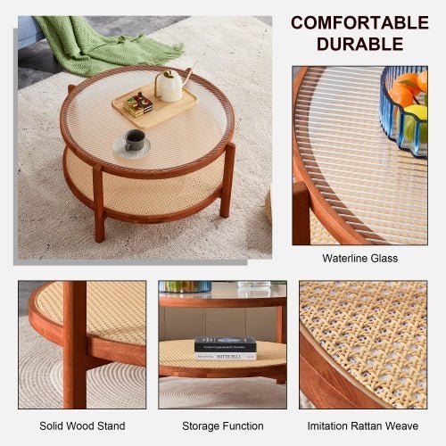 Mid - Century Modern Round Coffee Table with Glass Top & Rattan Shelf – 35" Solid Wood 2 - Tier Boho Center Table for Living Room, Apartment, Small Spaces - goosavvy.com