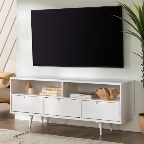 Mid - Century Modern Solid Wood TV Stand with 3 Drawers for TVs up to 65", White - goosavvy.com