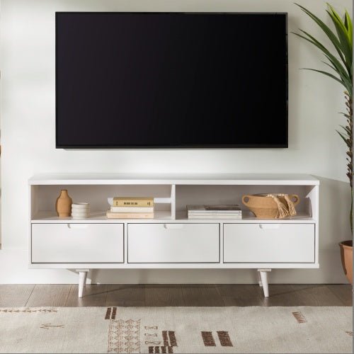 Mid - Century Modern Solid Wood TV Stand with 3 Drawers for TVs up to 65", White - goosavvy.com