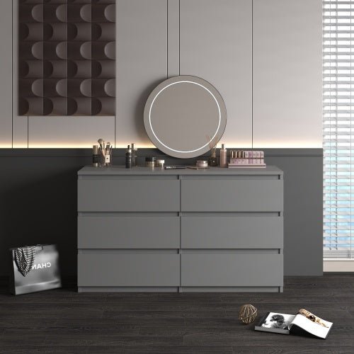 Modern 6 - Drawer Wide Dresser Chest for Bedroom, Minimalist Storage Organizer in Gray Finish - goosavvy.com