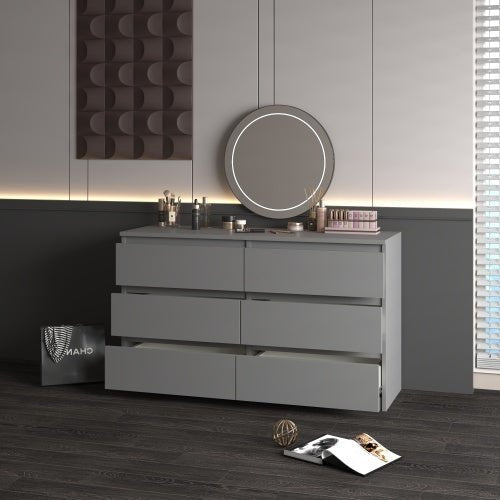 Modern 6 - Drawer Wide Dresser Chest for Bedroom, Minimalist Storage Organizer in Gray Finish - goosavvy.com