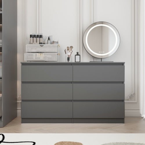 Modern 6 - Drawer Wide Dresser Chest for Bedroom, Minimalist Storage Organizer in Gray Finish - goosavvy.com