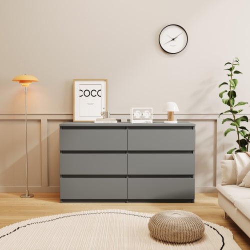 Modern 6 - Drawer Wide Dresser Chest for Bedroom, Minimalist Storage Organizer in Gray Finish - goosavvy.com