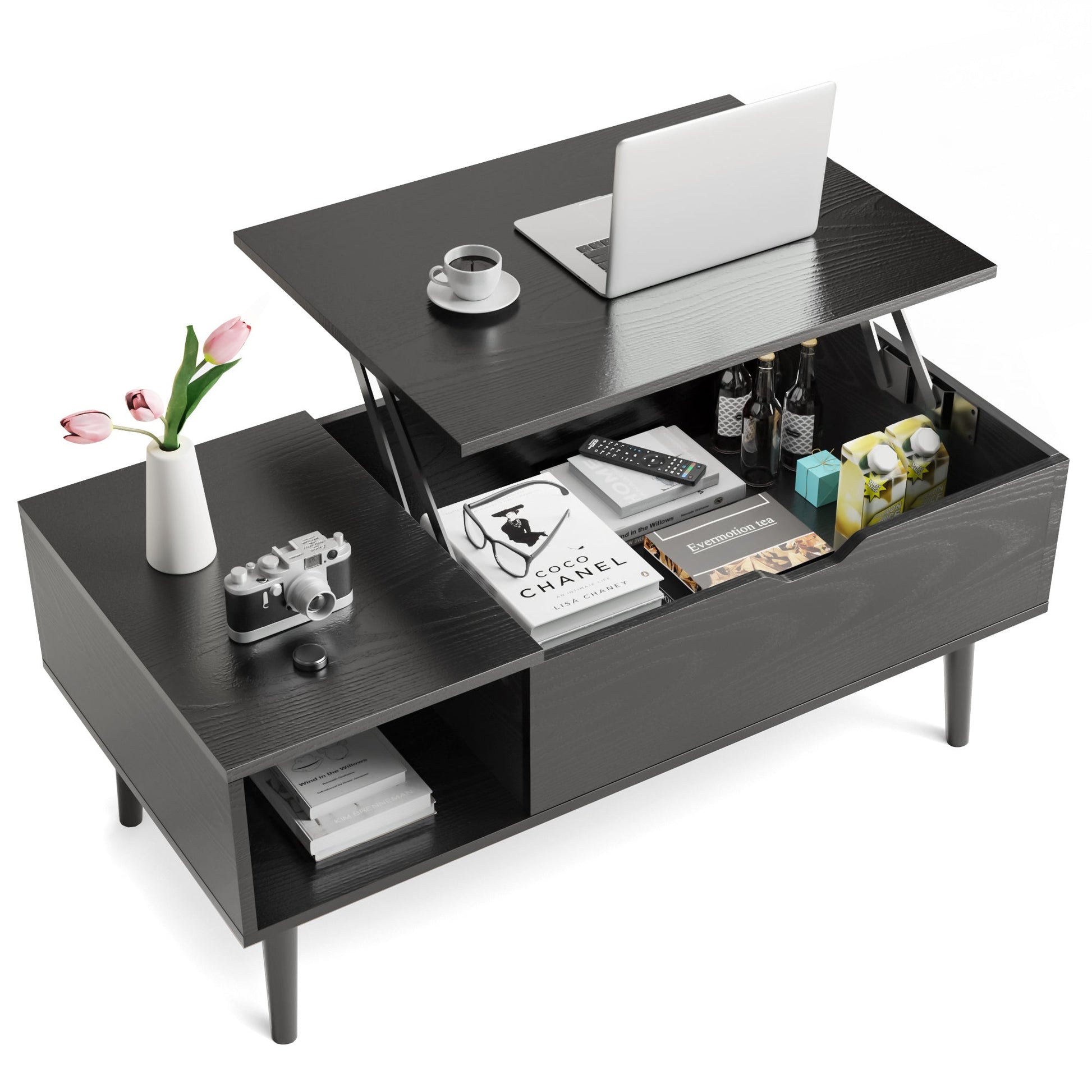 Modern Lift - Top Coffee Table with Adjustable Shelf & Hidden Storage – Black Wood or Rustic Brown - goosavvy.com