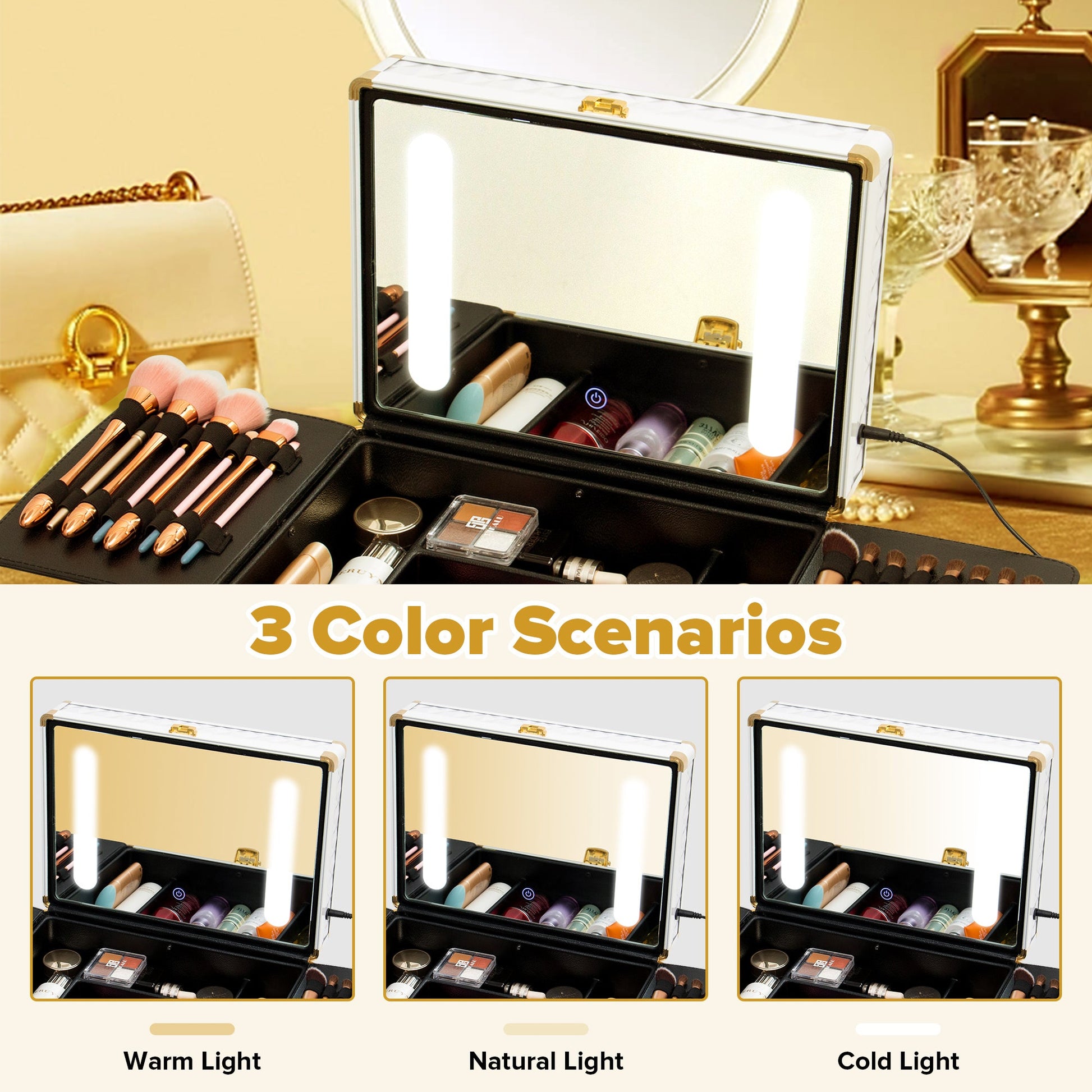 Portable Travel Makeup Case with LED Mirror, Lock, Dividers & Brush Holder - goosavvy.com