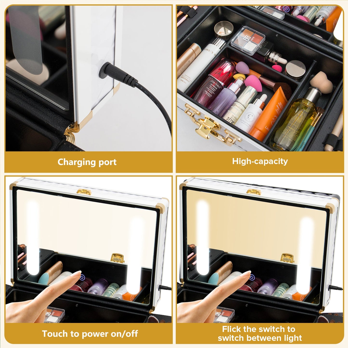 Portable Travel Makeup Case with LED Mirror, Lock, Dividers & Brush Holder - goosavvy.com