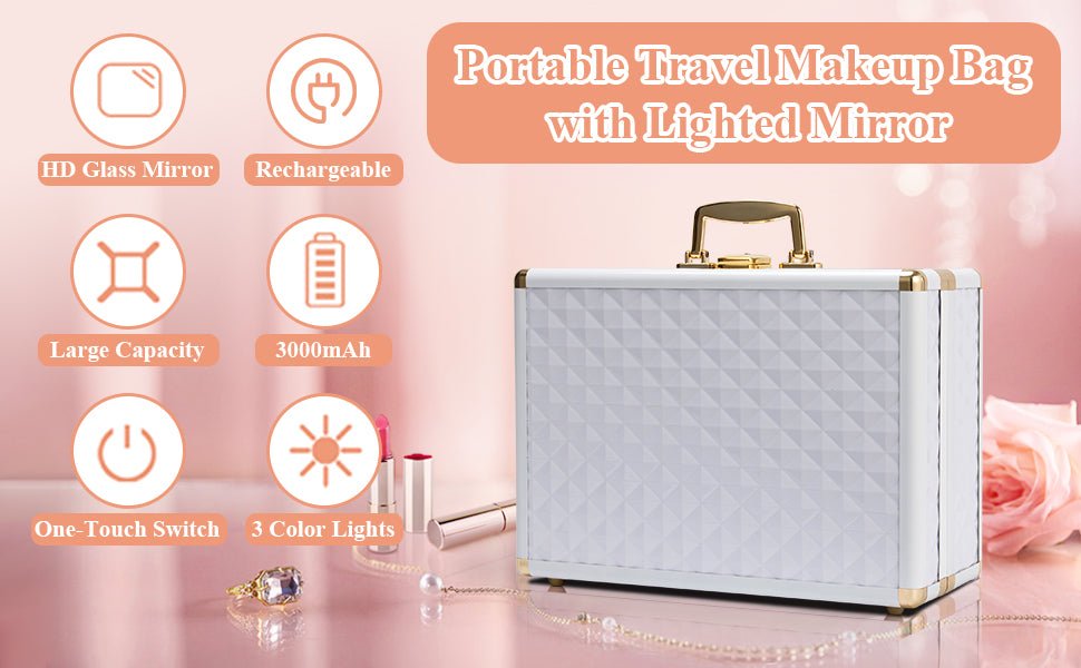 Portable Travel Makeup Case with LED Mirror, Lock, Dividers & Brush Holder - goosavvy.com