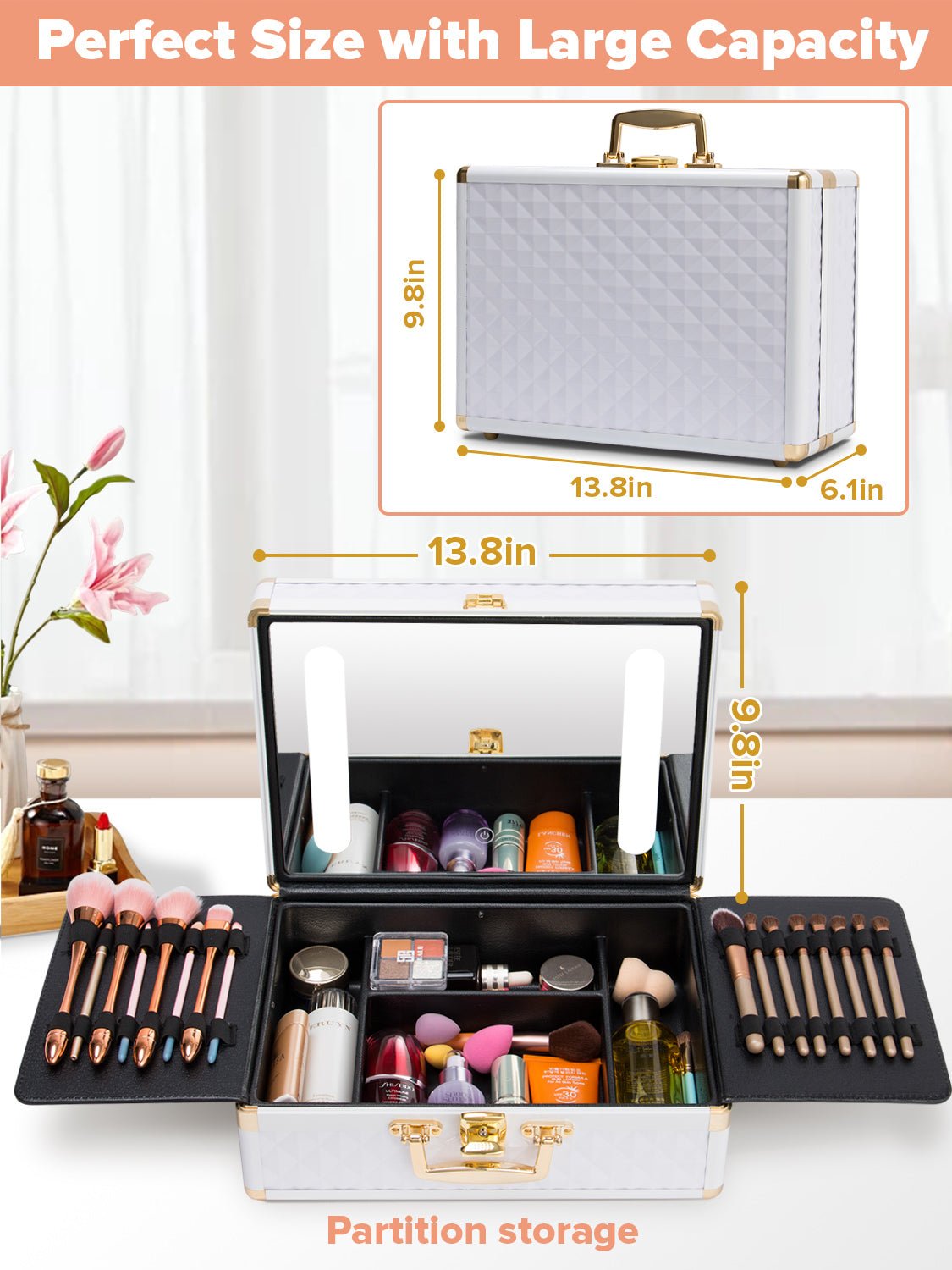 Portable Travel Makeup Case with LED Mirror, Lock, Dividers & Brush Holder - goosavvy.com