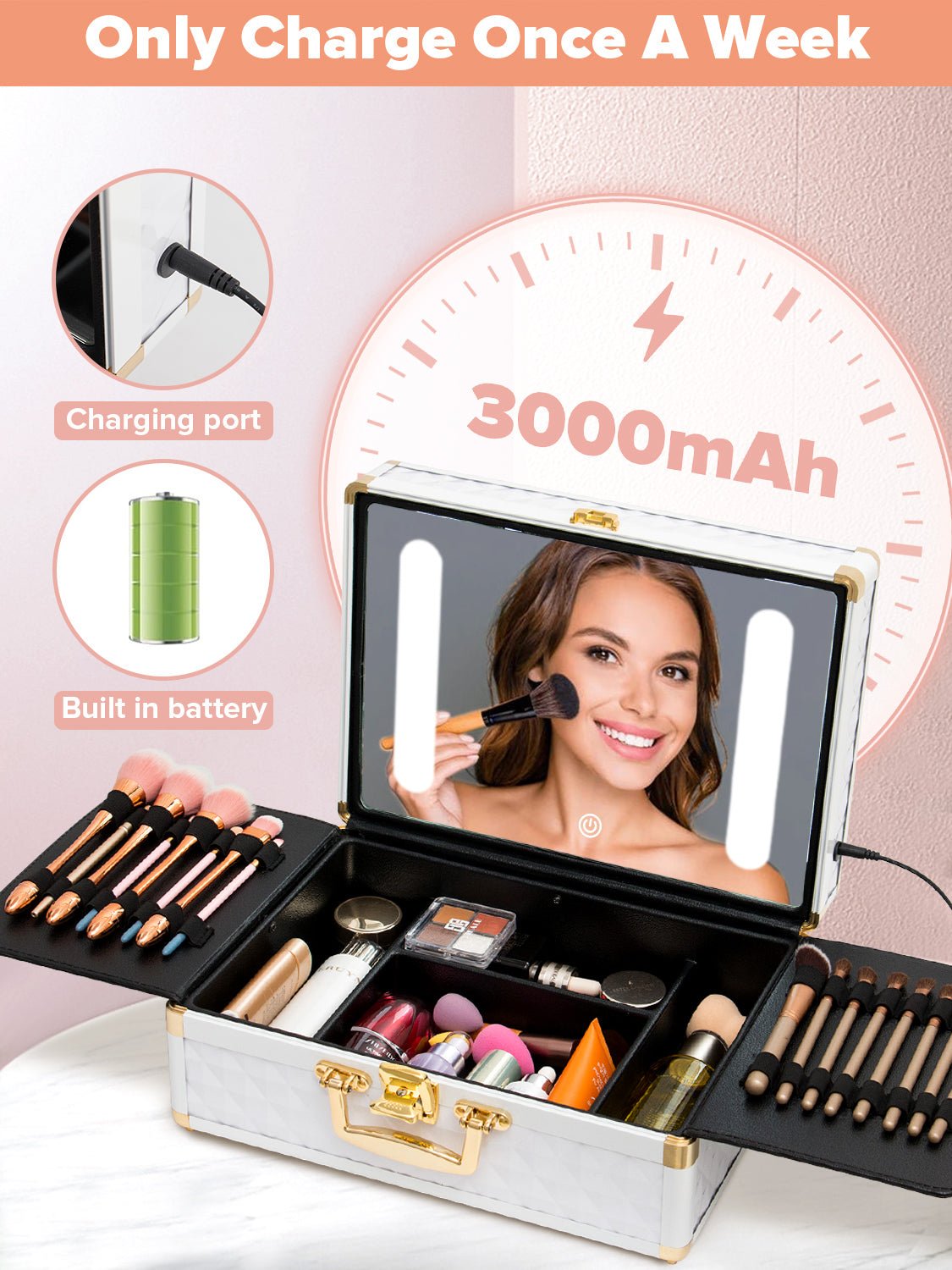 Portable Travel Makeup Case with LED Mirror, Lock, Dividers & Brush Holder - goosavvy.com