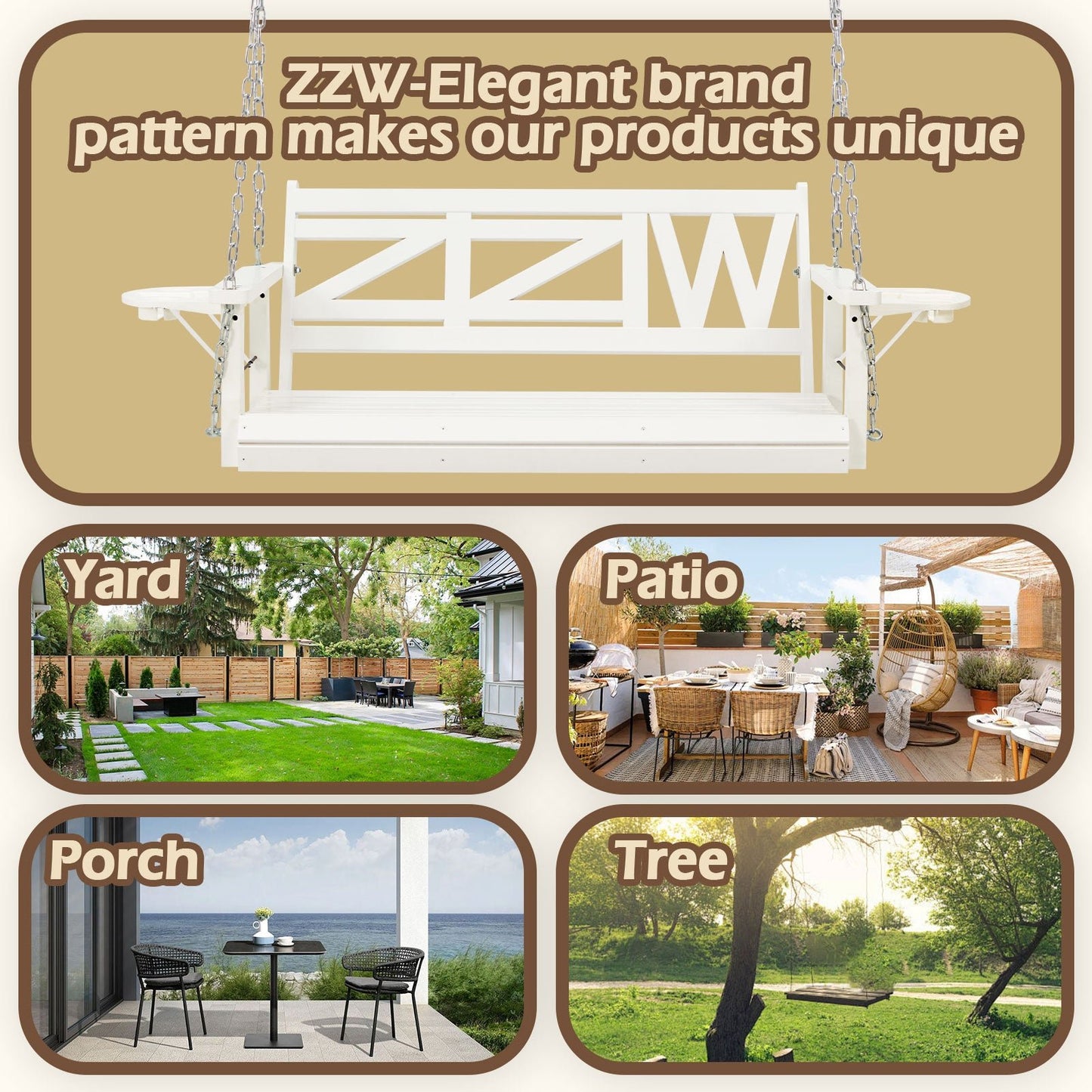 Premium 2 - Seat Wooden Porch Swing with Foldable Cupholder Trays | Weather - Resistant Pine Patio Bench for Garden, Deck & Balcony - goosavvy.com