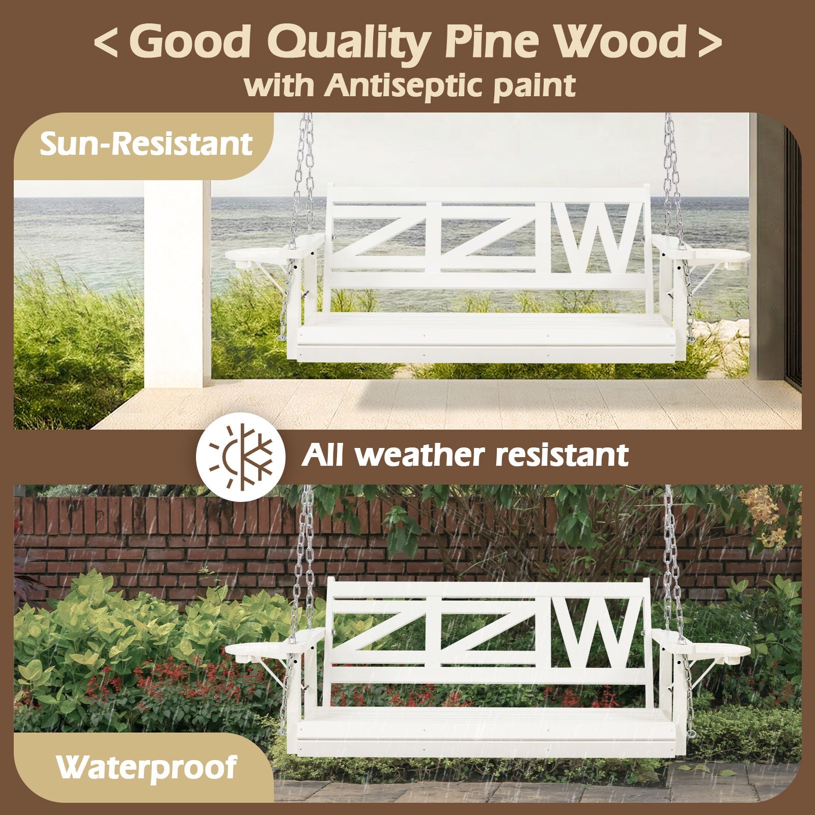 Premium 2 - Seat Wooden Porch Swing with Foldable Cupholder Trays | Weather - Resistant Pine Patio Bench for Garden, Deck & Balcony - goosavvy.com