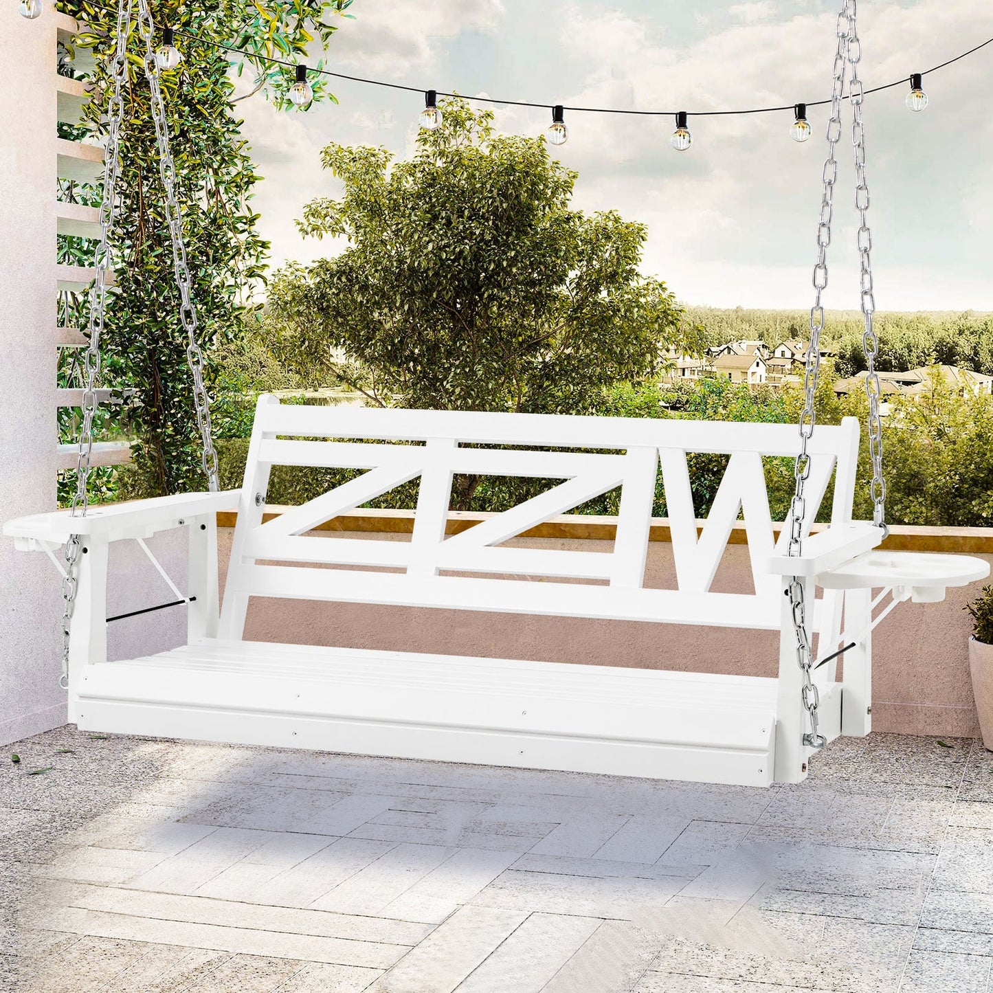 Premium 2 - Seat Wooden Porch Swing with Foldable Cupholder Trays | Weather - Resistant Pine Patio Bench for Garden, Deck & Balcony - goosavvy.com