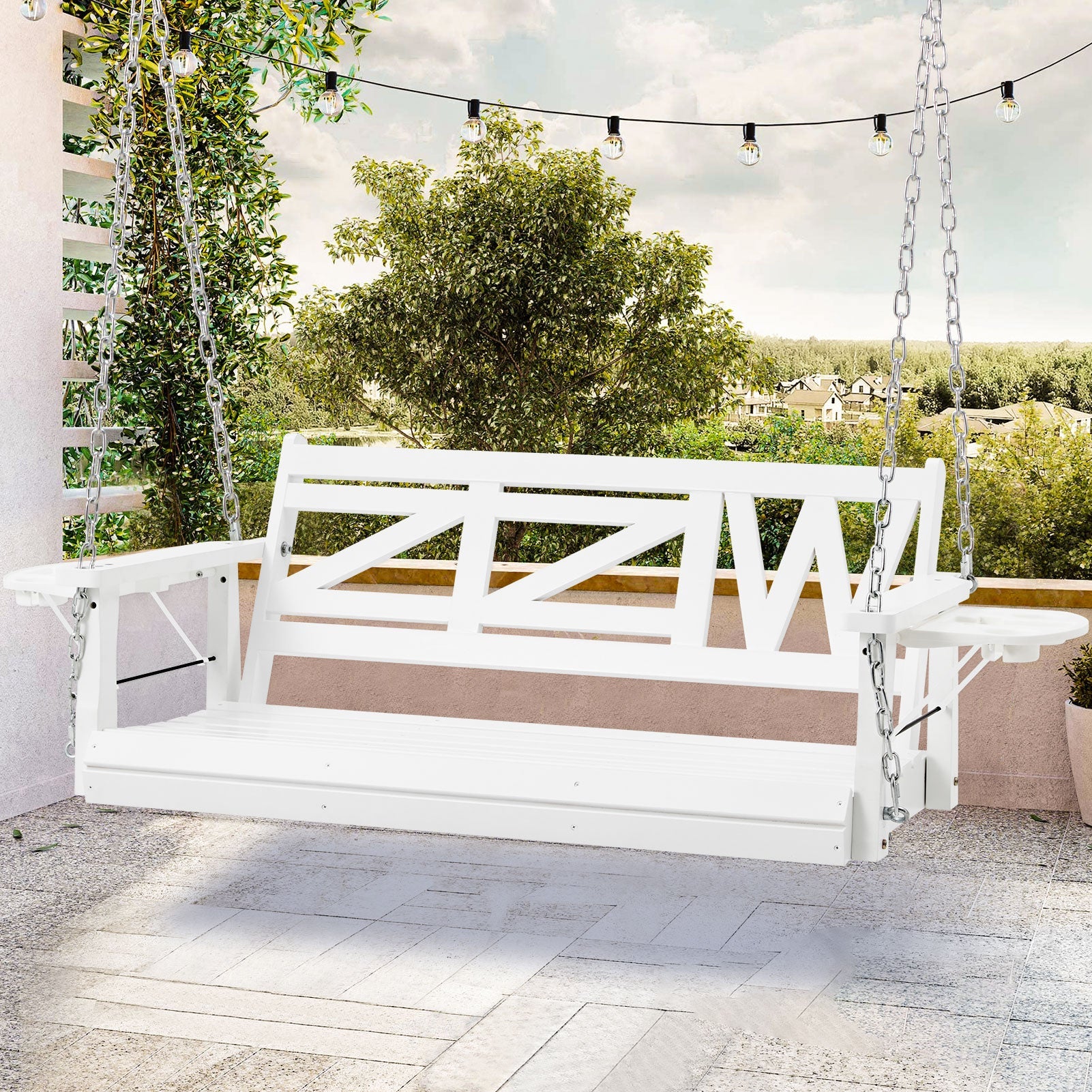 Premium 2 - Seat Wooden Porch Swing with Foldable Cupholder Trays | Weather - Resistant Pine Patio Bench for Garden, Deck & Balcony - goosavvy.com