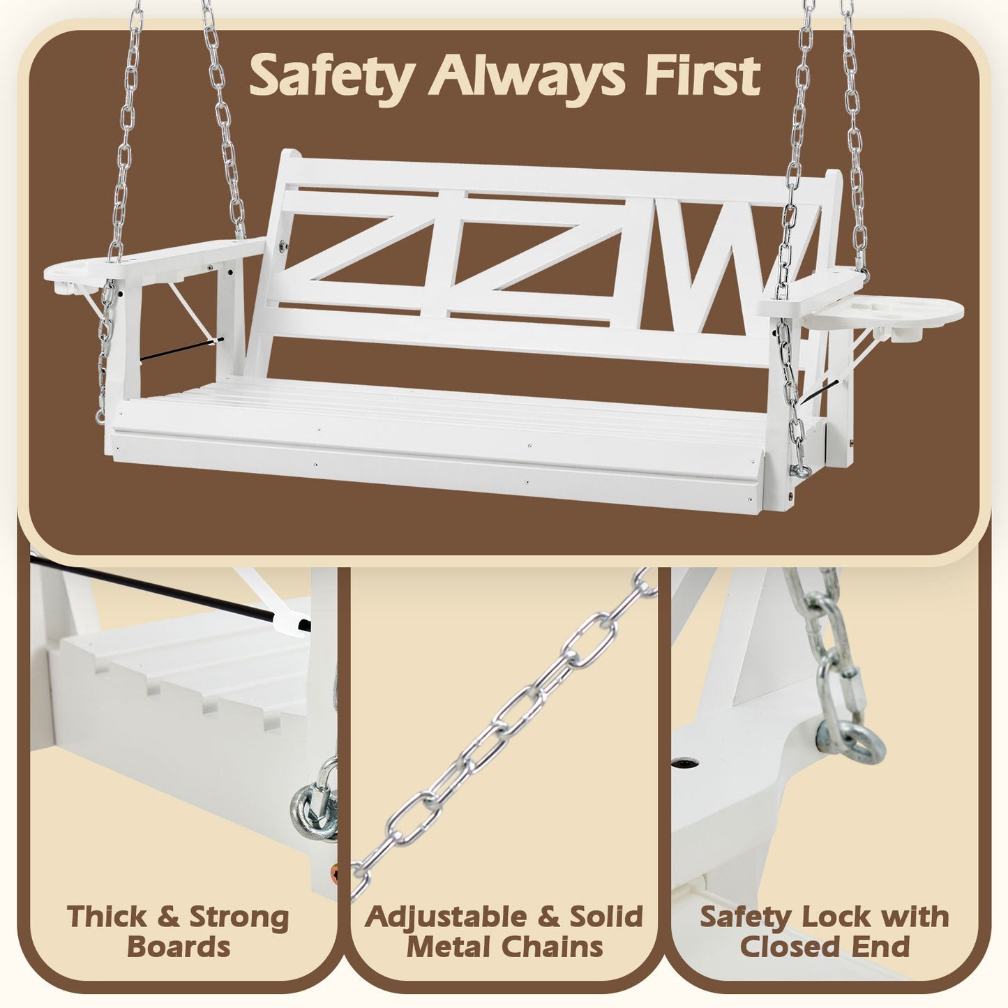 Premium 2 - Seat Wooden Porch Swing with Foldable Cupholder Trays | Weather - Resistant Pine Patio Bench for Garden, Deck & Balcony - goosavvy.com