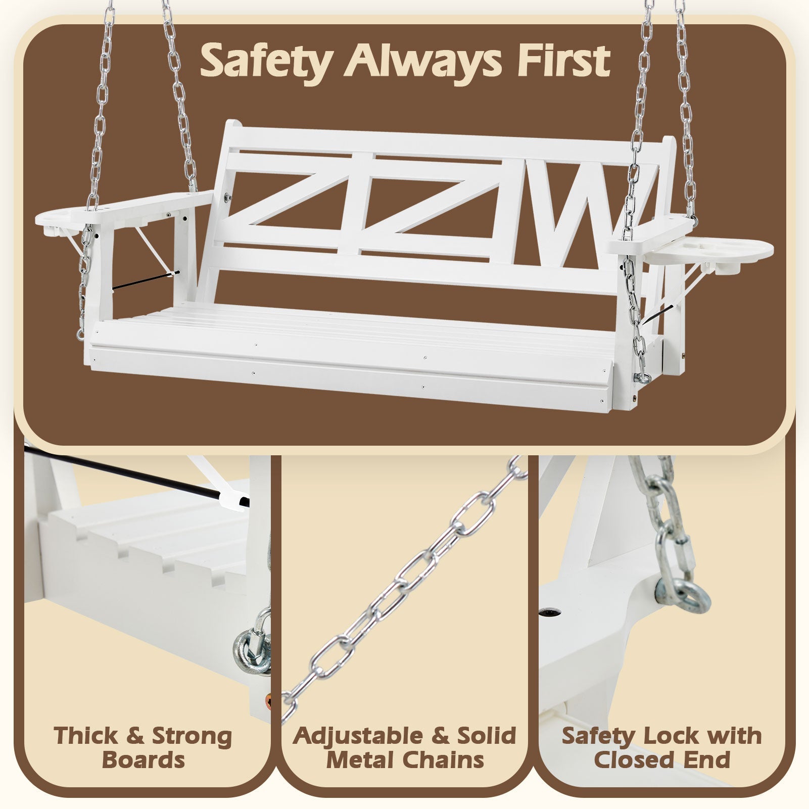 Premium 2 - Seat Wooden Porch Swing with Foldable Cupholder Trays | Weather - Resistant Pine Patio Bench for Garden, Deck & Balcony - goosavvy.com