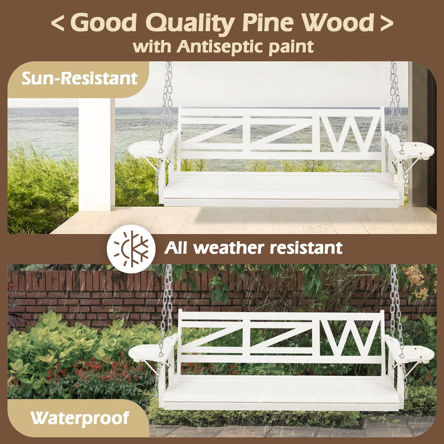 Premium 3 - Seat Wooden Porch Swing with Foldable Cupholders | Heavy - Duty, Weather - Resistant Patio Bench for Garden & Deck - goosavvy.com